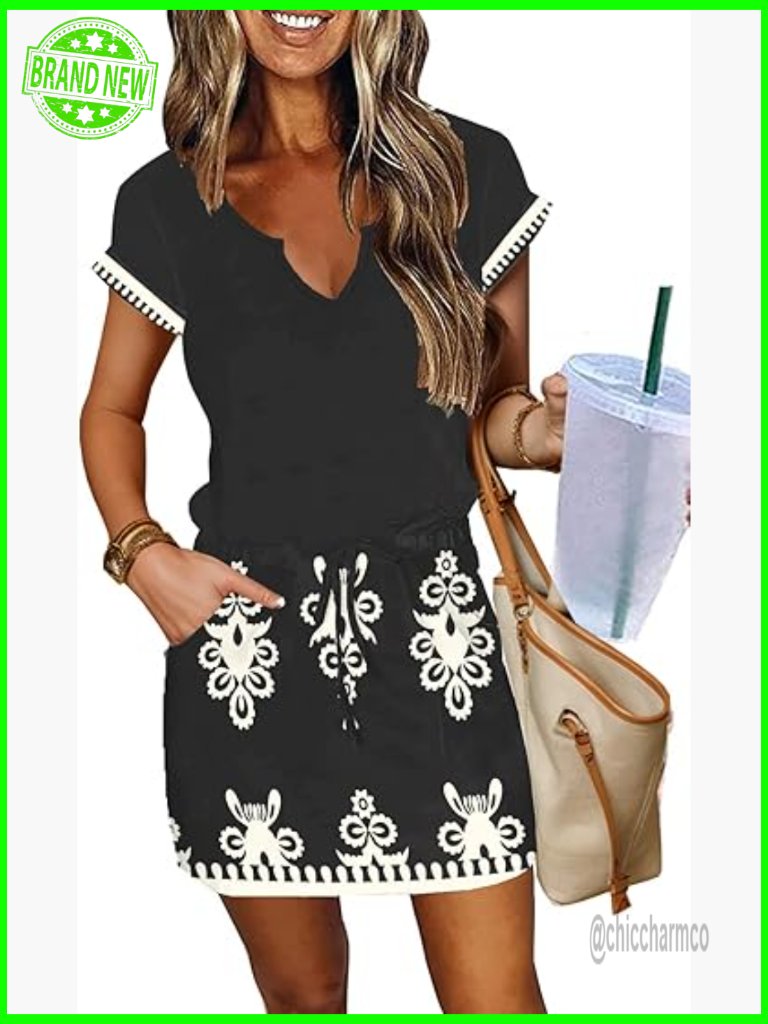 Women's V-Neck Short Sleeve T-Shirt Dress With Pockets